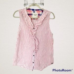 Abercrombie and Fitch Pink and White Button Down Linen Blend Striped Blouse